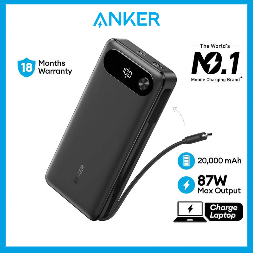 Anker PowerBank, 20,000mAh Portable Charger with Built-in USB-C Cable, 87W Max Fast Charging USB C Power Bank A1383