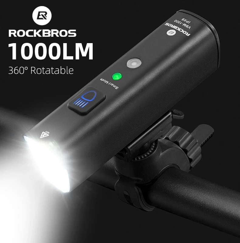 ROCKBROS Aluminum shell Bike light 1000LM Smart Light USB Rechargeable LED Light High quality Flashlight Cycling Headlight Front Light Waterproof light