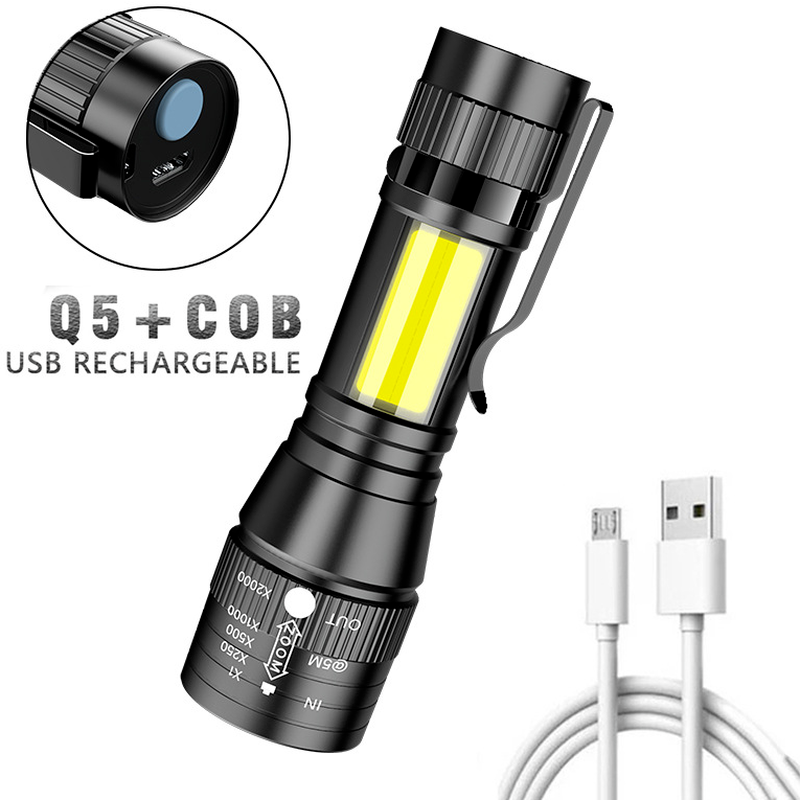 Mini Flashlight Zoom Powerful Torchlight with COB side light Built In Battery Rechargeable Pocket Torch for Camping /Cycling/Hiking